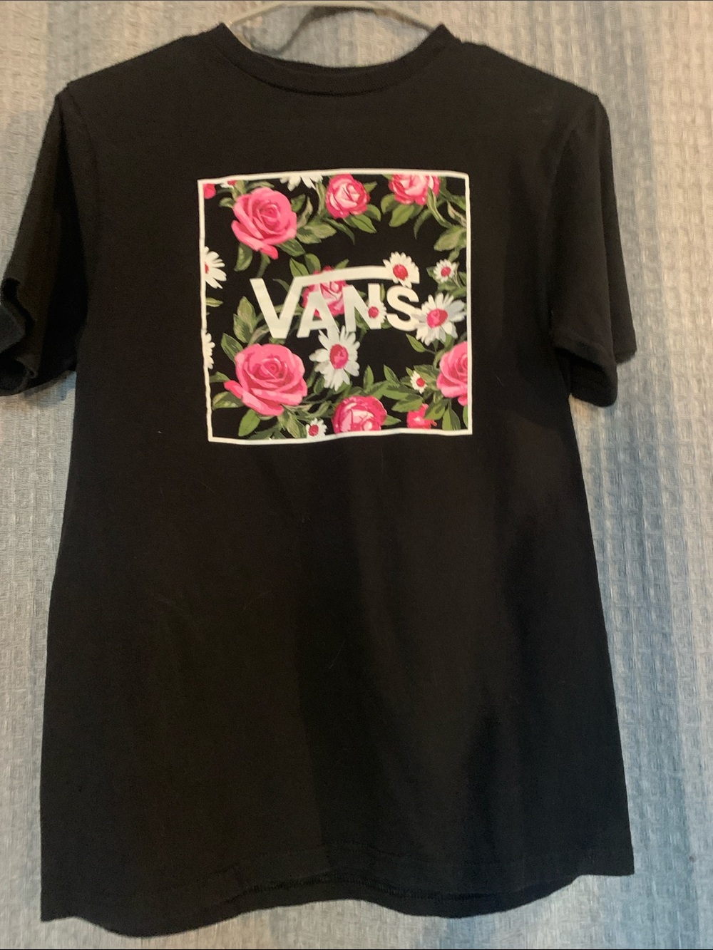 Vans Black Tee with Pink Rose Floral Logo